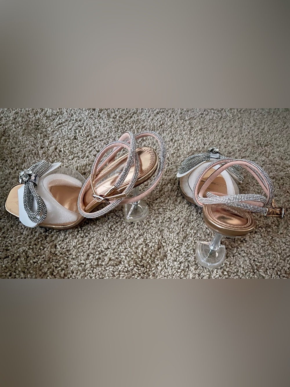 Shoe Land SL-NAOMI Clear Rhinestone Bow Ankle Strap Heels Rose Gold Size 7